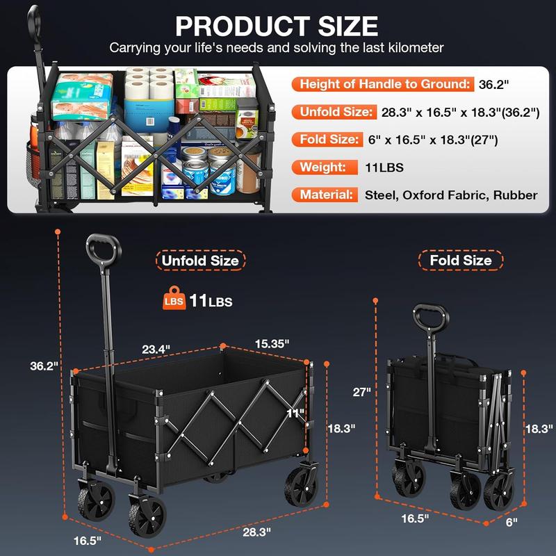2025 Foldable Wagon with Wheels, Portable Heavy Duty Collapsible Beach Cart - Large Capacity Utility Wagon for Shopping, Sports, Camping，Garden，Grocery - Black