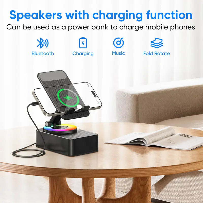 Wireless Audio Induction Bluetooth Speaker with Emergency Charging 5in1 Phone Holder Power Bank LED Nightlight for Tablet iPhone Android 5.3 Connectivity 1500mAh Battery 100Hz-20kHz Frequency Response New Design Durable Smart Device