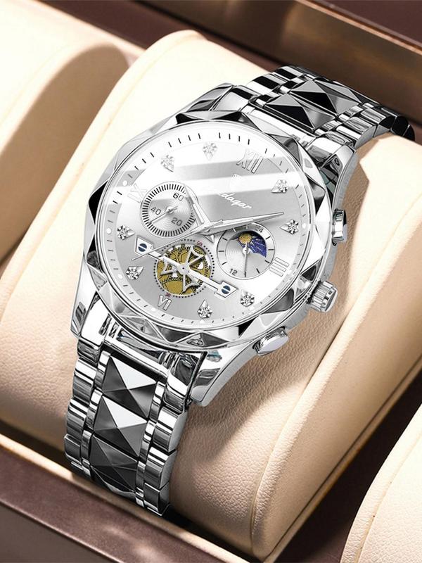 Men's Business Fashion Round Dial Stainless Steel Strap Quartz Watch, Waterproof Luminous Chronograph Watch with Box, Wristwatch for Party, Daily Decor, Trendy Watch
