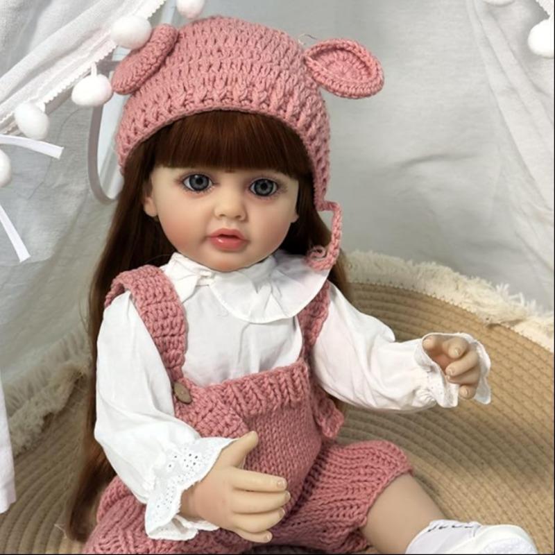 22 Inch Realistic Reborn Doll with Bear & Bottle & Pacifier & Diaper, Cute Long Hair Doll, Ideal Gift for Teenager and Collectors, Gorgeous Doll