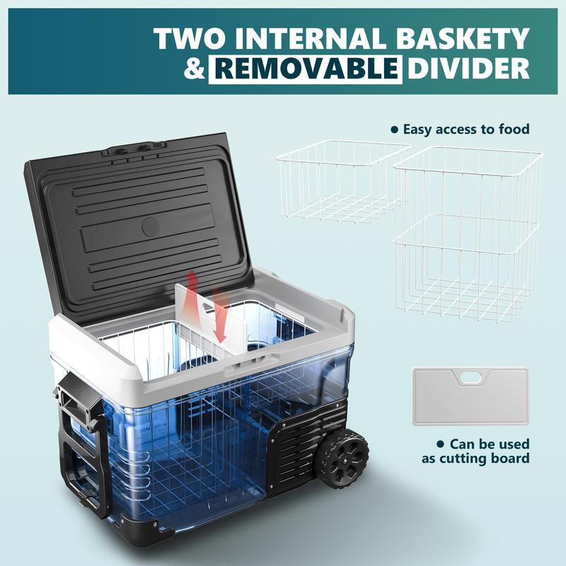 12V Refrigerator (37Quart /35L) supports 12V/24V DC & 110-240V AC. Portable with -4°F~68°F range, it features wheels, 2 baskets, and large cooling zone. Ideal for RVs, travel, Truck, Boat