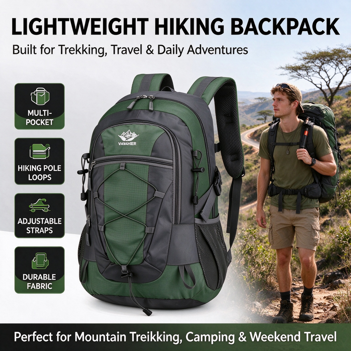 Multi-functional Outdoor Mountaineering Backpack, Lightweight Travel Hiking Bag, Trekking Storage Backpack with Hiking Pole Loops, Soft Shell & Adjustable Shoulder Straps