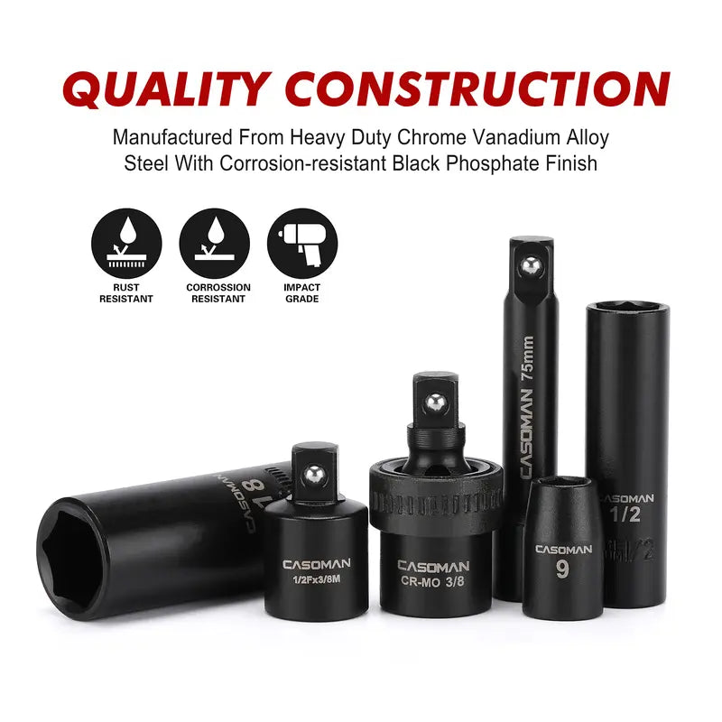49-Piece 3/8" Drive Impact Socket Set SAE/Metric 6 Point CR-V Steel Includes Extension Bar Adapter & Universal Joint Tool #TikTokShopBacktoSchool - Hex Wrenches