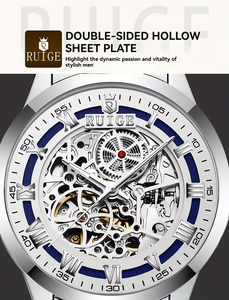 RUIGE Double-Skeleton Automatic Mechanical Watch – Dual-Side Exhibition Case, Stainless Steel Bracelet, Luminous Dial, 30M Waterproof for Business & Casual Wear