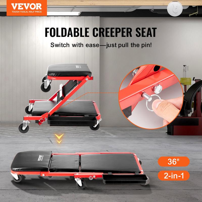 Foldable Z Garage Creeper, 36 in, 300 lbs Load Capacity Rolling Folding Mechanic Creeper Stool, with 6 Wheels Tool Tray Padded Seat Steel Frame, Lay Down or Sit Chair for Garage Shop or Home