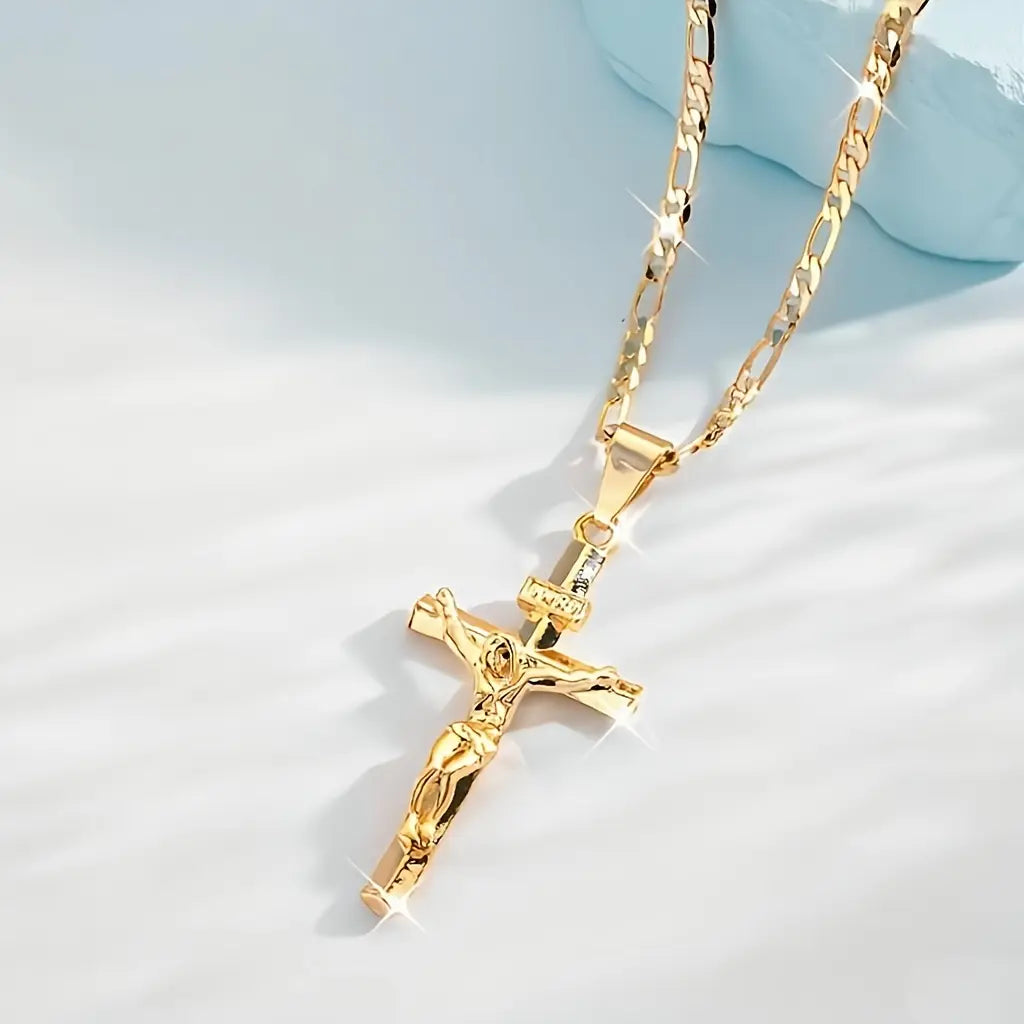Men's Vintage 14K Gold-plated Jesus Cross Pendant Necklace With Smooth Chain Religious Jewelry For All Year Round Easter Graduation Gift image 2