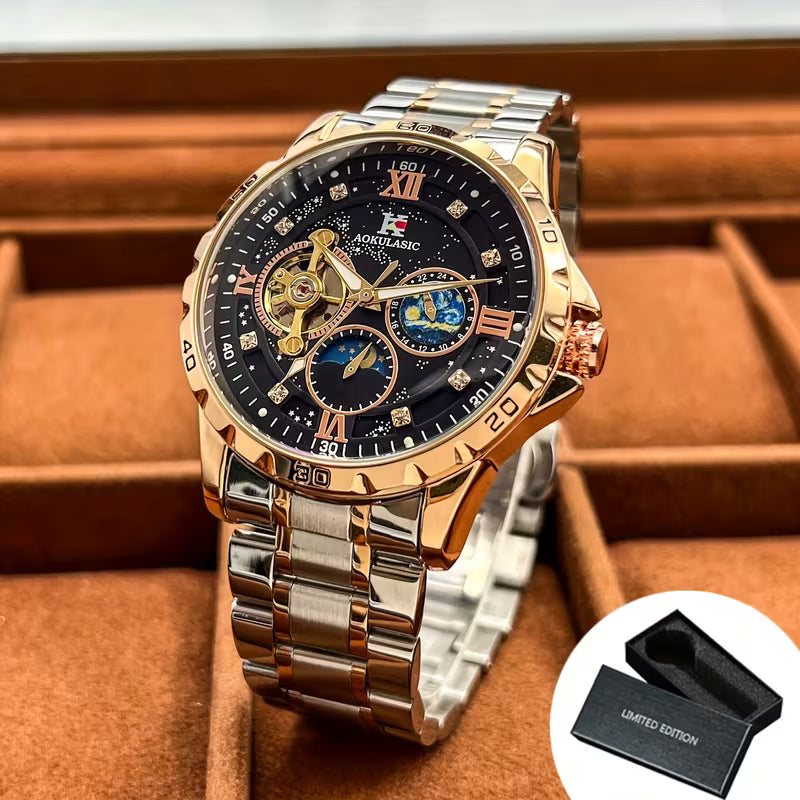 AOKULASIC Men Tourbillon Skeleton Automatic Mechanical Watch, Diamond Starry Luminous Dial, Moon Phase Function, Large Dial Waterproof Wristwatch，Business Casual Men Watch, Christmas New Year Thanksgiving Birthday Gift for Men