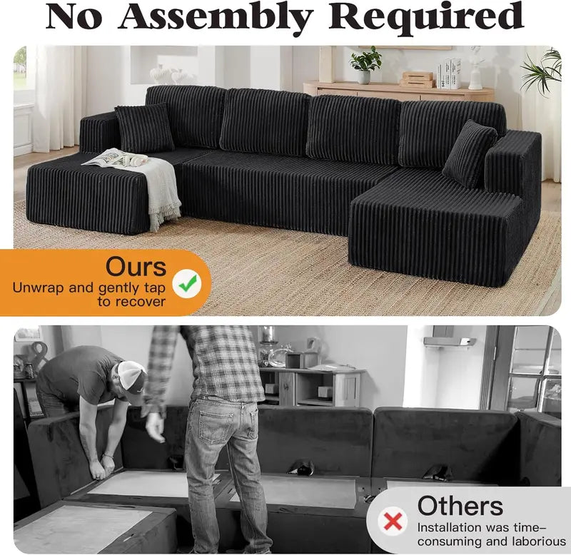 [3 Packs Shipped] [8 Free Pillows] Niccae Large U-Shaped Sectional Sofa, Compressed Corduroy, Modern Living Room Sleeper Sofa, Space-Saving Design (3 Packs Shipped) - Convertible Corduroy Sectional Sofa