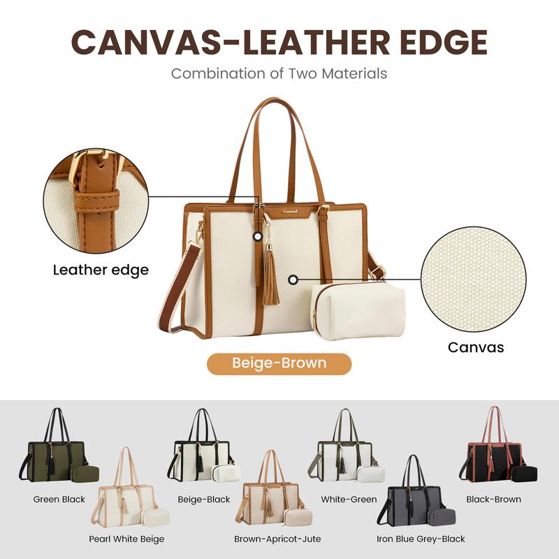 Canvas Laptop Tote Bag 15.6 and 17.3 inches for Women with Clutch Purse, Lightweight Tote Bag with 2 Cup Holder, Purses for Women, Computer bag for Work, Office, Casual. Christmas Gift Ideas