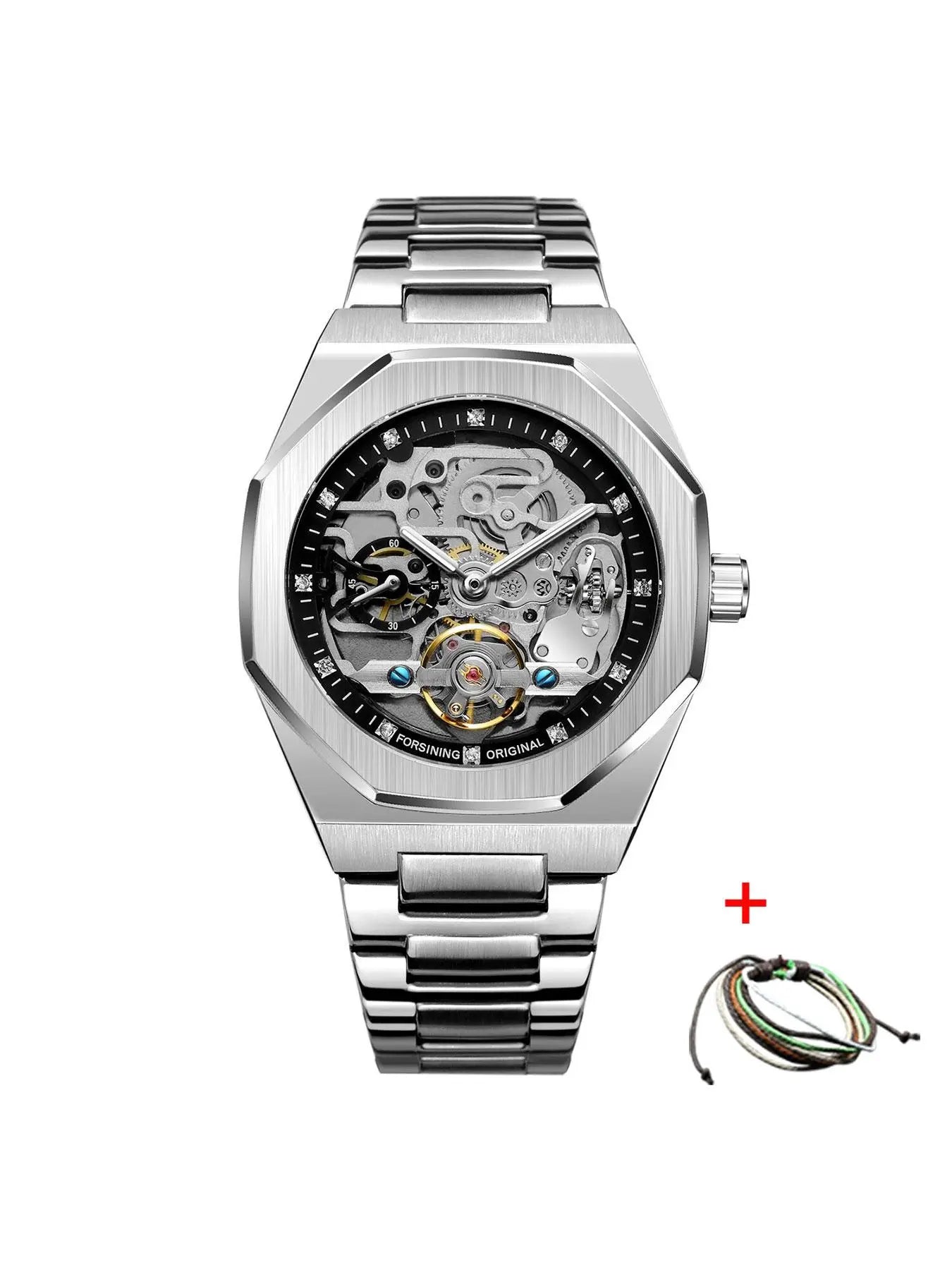 Men's Classic Business Rhinestone Decorated Analog Mechanical Watch, Fashionable Wristwatch for Men, Stylish Watch, Luminous Hands Watch for Party, Daily Clothing Decor, Watch for Birthday Gift with Box, Stainless Steel Wristwatch image 7