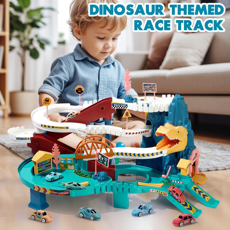 King Size Dinosaur Race Track Playset Toys for Kids With 12Mini Car Ramp Track Adventure Car Garage Parking Toy