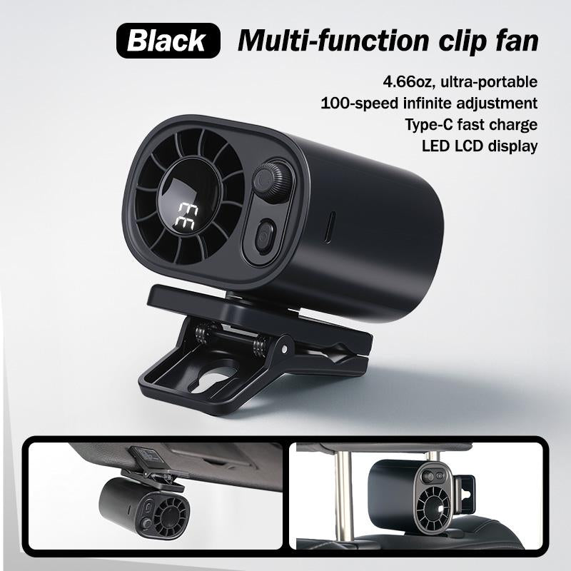 Car Clip On Fan with LED Display 360° Rotation 100 Speeds Adjustable USB Rechargeable Personal 1800mAh Battery Stepless Speed Adjustment - Charging