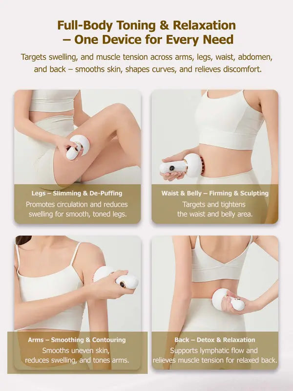 Handheld Body Massager for Legs & Belly - Lymphatic Drainage & Anti swelling Tool with Heat, Vibration - Electric Machine Reduces Stretch Marks White Detox Gift USB charging with a 1200mAh battery