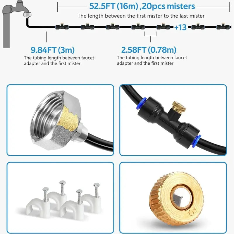 Heavy-Duty Brass Misting Kit - Automatic Cooling and Watering System with 18m (708 Inch) Hose, 3/4" Adapter, Nozzles and Adjustable Flow for Patio and Nursery