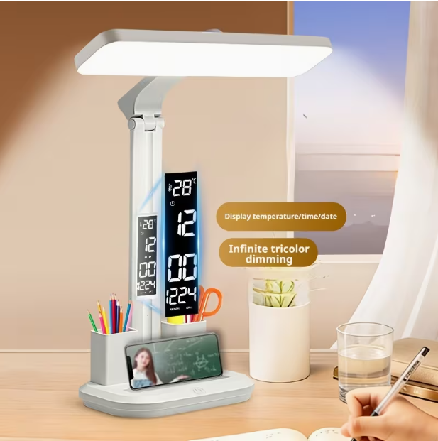 LED Desk Lamp with Large-Area Lighting – Touch Control, 3 Color Modes, USB Powered, Foldable Design with Display & Pen Holder, for Study & Reading