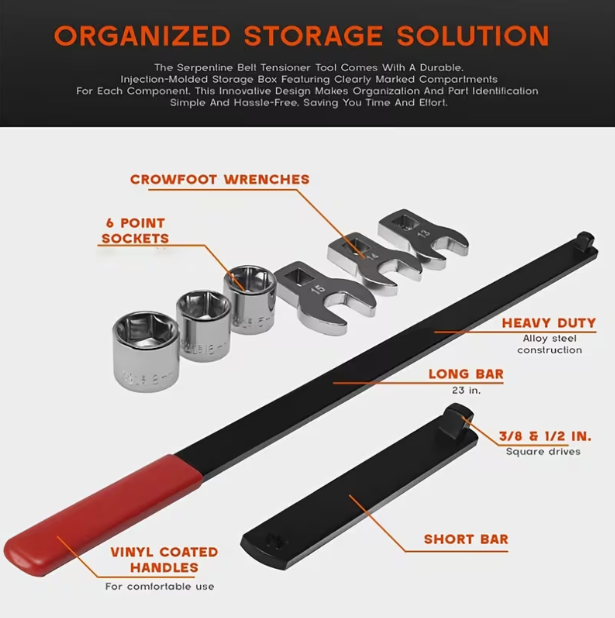 8-Piece Professional Serpentine Belt Tool Set – Universal 3/8" & 1/2" Drive, Tensioner & Idler Pulley Adjuster Wrench, for Car Engine Belt Removal & Installation
