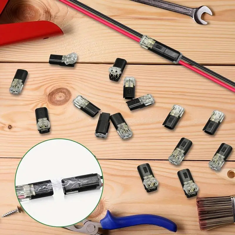 50 Durable Copper Quick Splice Solderless Crimp Connectors - Dual Pin 2-Way Snap-in Blocks, Tool-Less Plug-and-Play Bulk Pack for LED Lights, Automotive Low Voltage Accessories, AWG 18-22 Electrical Wires, Led Light image 7