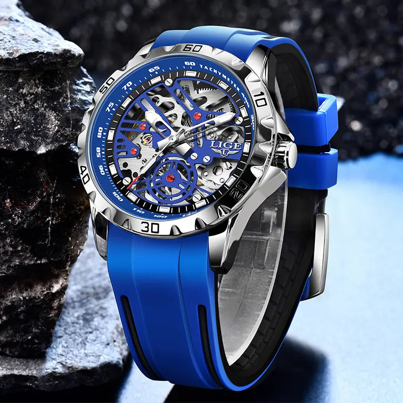 LIGE Men's Skeleton Mechanical Watch, 43mm Casual Wristwatch with Stainless Steel Case and Silicone Strap, Luminous Dial, 30m Water Resistant, Mechanical Style Watches image 2