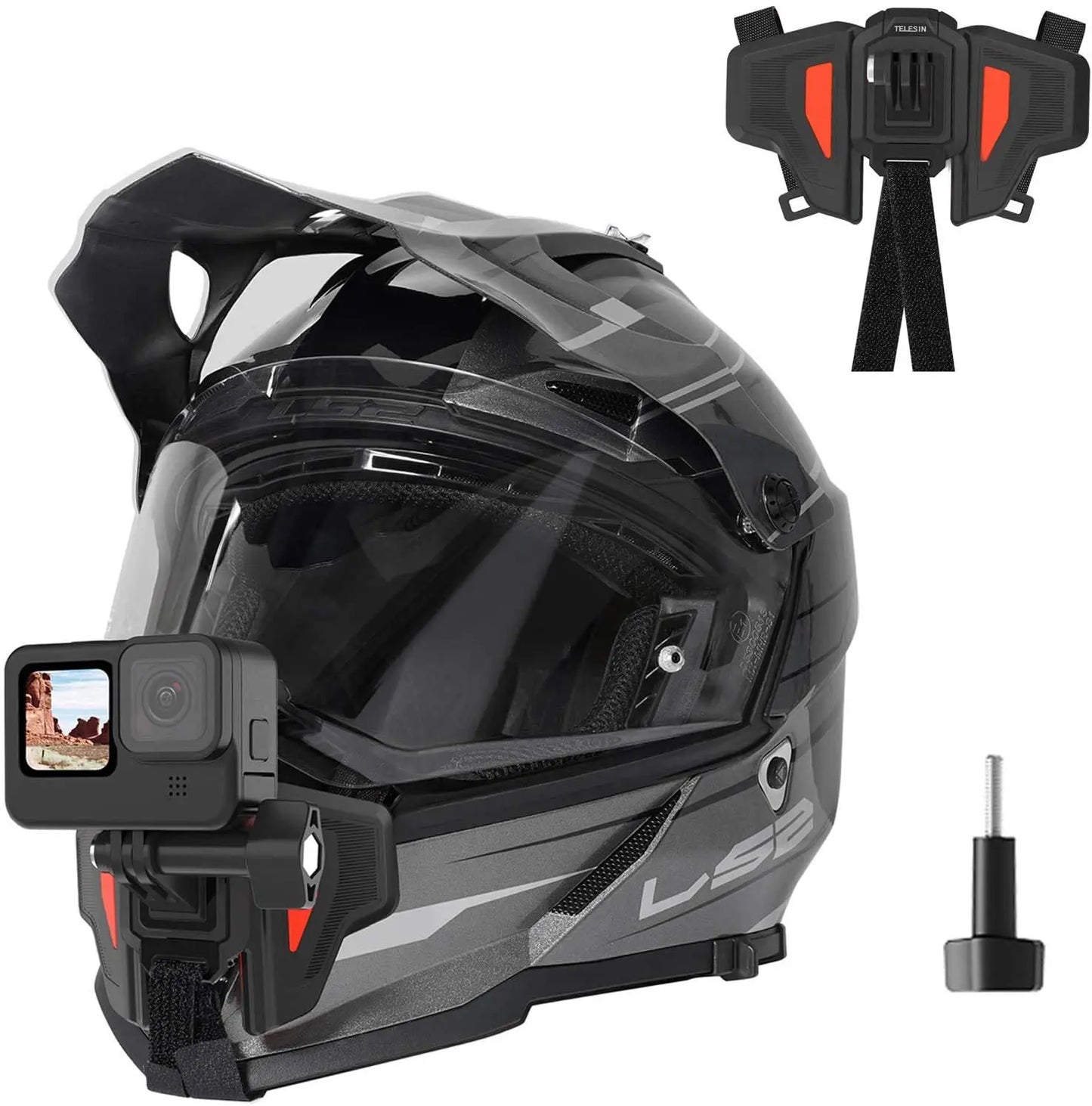 Motorcycle Helmet Chin Mount Strap Clamp for 360 Action Cameras, GoPro Hero 13/12/11/10/9/8, DJI Osmo Action 5/4/3 Pocket 3, Insta360 X5/X4/X3/ACE/GO 3, Akaso – Perfect for Dirt Bike, Motorcycle, Cycling, Motovlog, Adventure Vlogging