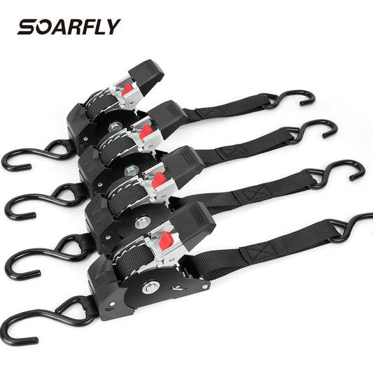 SOARFLY 1" x 10' Retractable Ratchet Straps ( 4 pack) - Heavy Duty Self Retracting Tie Down Straps for, Motorcycle, Truck, Cargo Trailer