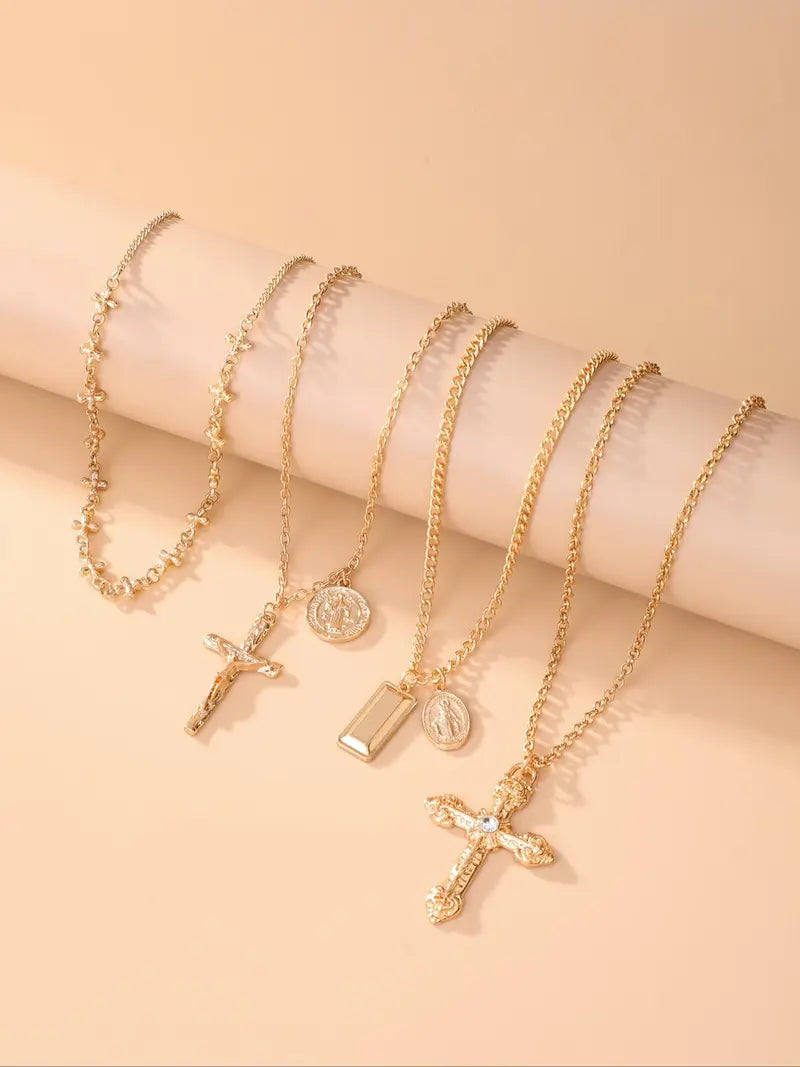 4-Piece Vintage Metal Geometric Circle Pendant Layered Necklace Set, Women's Punk Style Jesus Cross Pendant Jewelry, Unique Fashion Accessories, Jewelry Accessory, Fashion Jewelry Party