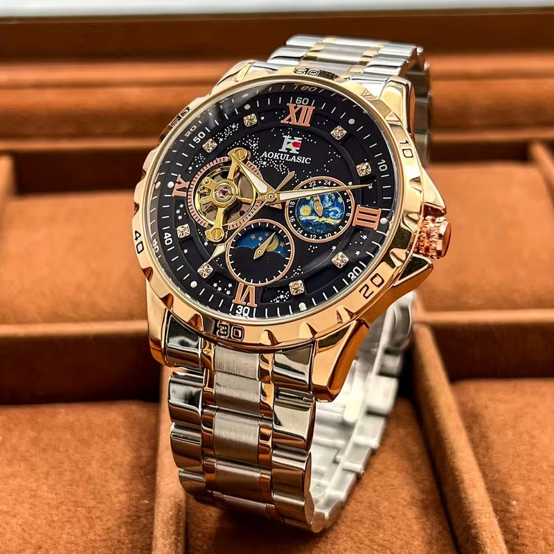 AOKULASIC Men Tourbillon Skeleton Automatic Mechanical Watch, Diamond Starry Luminous Dial, Moon Phase Function, Large Dial Waterproof Wristwatch，Business Casual Men Watch, Christmas New Year Thanksgiving Birthday Gift for Men
