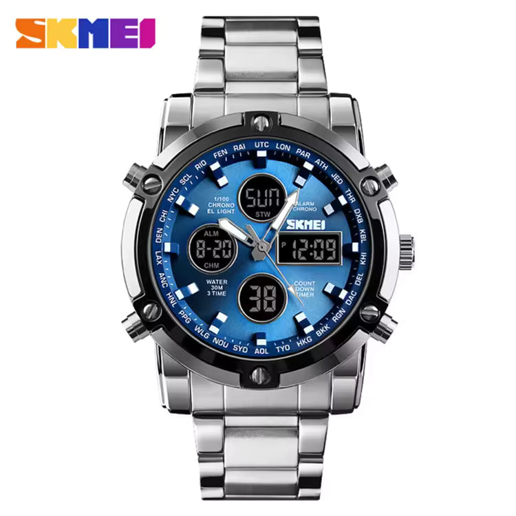 2026 New Skmei Men Multi-function Digital Watch, Stainless Steel Strap, Dual Movement, Large Dial, Waterproof Wrist Watch for Men, Cash On Delivery, Free Shipping