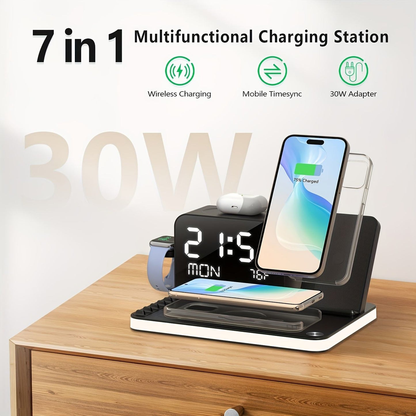 7 in 1 Wireless Charging Station with LED Night Light, Bluetooth Time Sync Clock & Temperature Display, USB-A & USB-C Ports – Compatible with iPhone, Android, Apple Watch & AirPods, Perfect Christmas & New Year Gift
