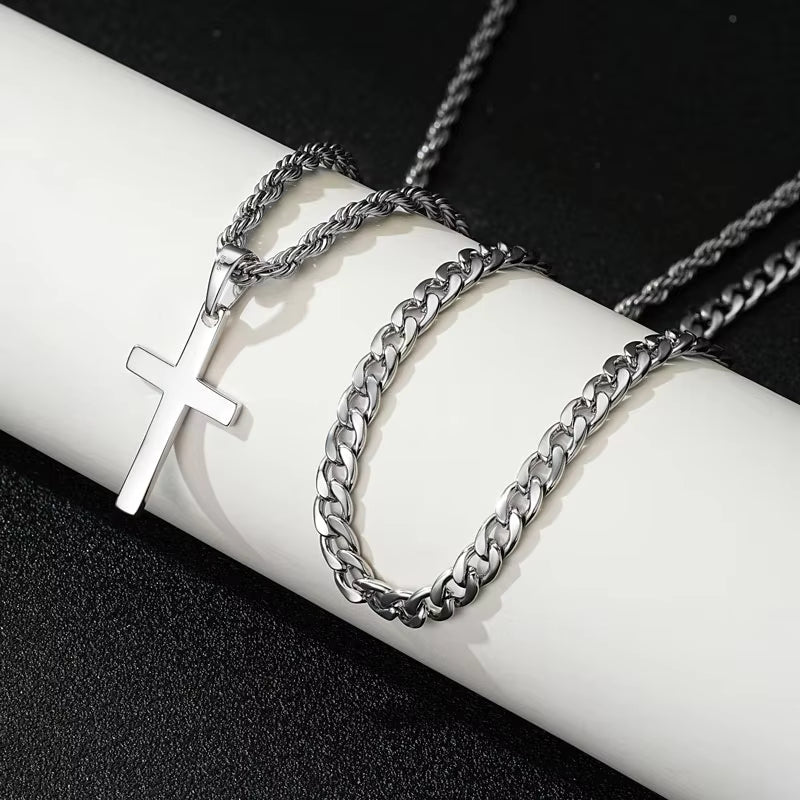 【2 pieces】Cross Pendant & Necklace Set, Cross Charm Necklace for Men & Women, Stainless Steel Jewelry for Party, Daily Clothing Decor, Trendy All-match & Exquisite Jewelry for Birthday Gift, High End Necklace
