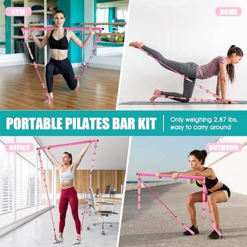 Pilates Bar Kit with Resistance Bands, Pilates Workout Equipment for Legs, Hip, Waist, Arm, Squats Exercise Equipment for Home Workouts, Adjustable 3-Section Pilates Bar Kit for Women & Men,Best Christmas Gifts for Dads/Moms/Boys/Girls
