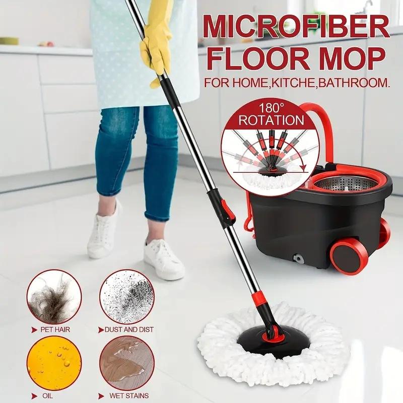 Spin Mop and Bucket with Wringer Set Stainless Steel 360 Floor Mop Bucket on Wheels 3 Microfiber Heads Telescoping Rod 38-61 Inches Adjustable Buckle Hook