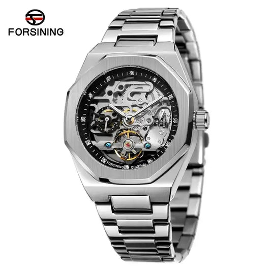 Men's Classic Business Rhinestone Decorated Analog Mechanical Watch, Fashionable Wristwatch for Men, Stylish Watch, Luminous Hands Watch for Party, Daily Clothing Decor, Watch for Birthday Gift with Box, Stainless Steel Wristwatch