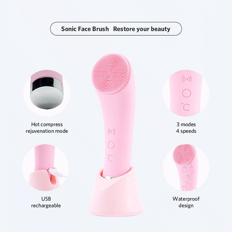 Facial Cleansing Brush, PRITECH Heatable Vibrating Face Scrubber with Massage, Silicone Face Scrubber for Women & Men, Electric Facial Cleanser for Deep Cleansing, Gentle Exfoliating (Pink)