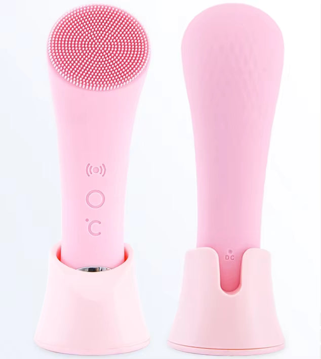 Facial Cleansing Brush, PRITECH Heatable Vibrating Face Scrubber with Massage, Silicone Face Scrubber for Women & Men, Electric Facial Cleanser for Deep Cleansing, Gentle Exfoliating (Pink)