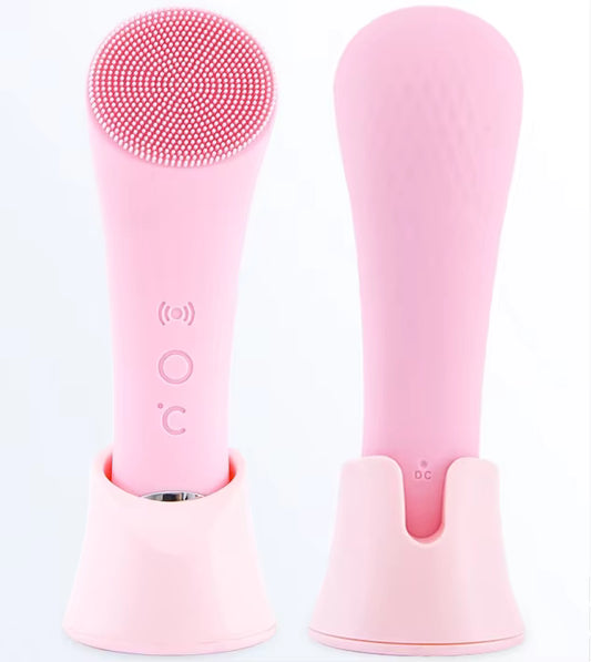 Facial Cleansing Brush, PRITECH Heatable Vibrating Face Scrubber with Massage, Silicone Face Scrubber for Women & Men, Electric Facial Cleanser for Deep Cleansing, Gentle Exfoliating (Pink)