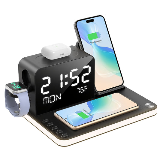7 in 1 Wireless Charging Station with LED Night Light, Bluetooth Time Sync Clock & Temperature Display, USB-A & USB-C Ports – Compatible with iPhone, Android, Apple Watch & AirPods, Perfect Christmas & New Year Gift