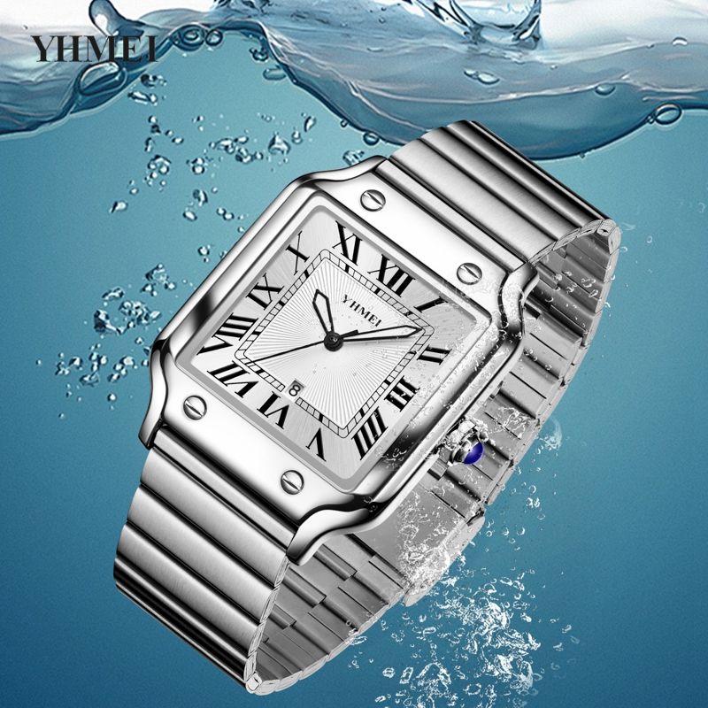 26 new Unisex Classic Square Roman Numerals Silver Analog Water-Resistant Watch suitable for Women Men Stainless Steel Strap Date Display Casual Wristwatch