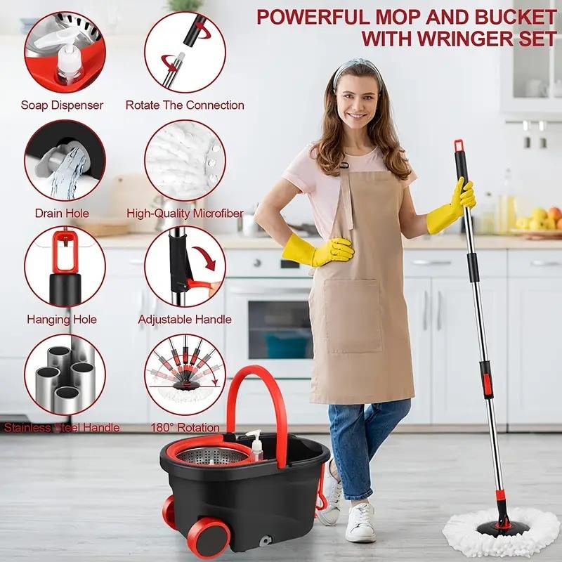 Spin Mop and Bucket with Wringer Set Stainless Steel 360 Floor Mop Bucket on Wheels 3 Microfiber Heads Telescoping Rod 38-61 Inches Adjustable Buckle Hook