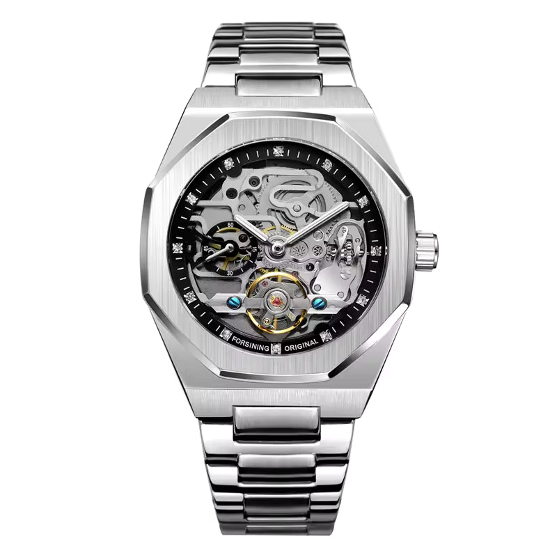 Men's Classic Business Rhinestone Decorated Analog Mechanical Watch, Fashionable Wristwatch for Men, Stylish Watch, Luminous Hands Watch for Party, Daily Clothing Decor, Watch for Birthday Gift with Box, Stainless Steel Wristwatch