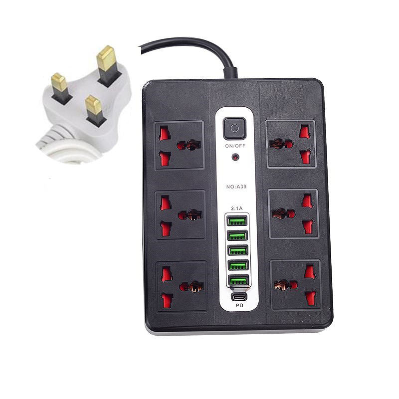 【Black】2026 New 220/240V Multi-port USB Power Strip, Household UK Standard Multi-function Extension Socket with Long Cord, Cash On Delivery, Free Shipping