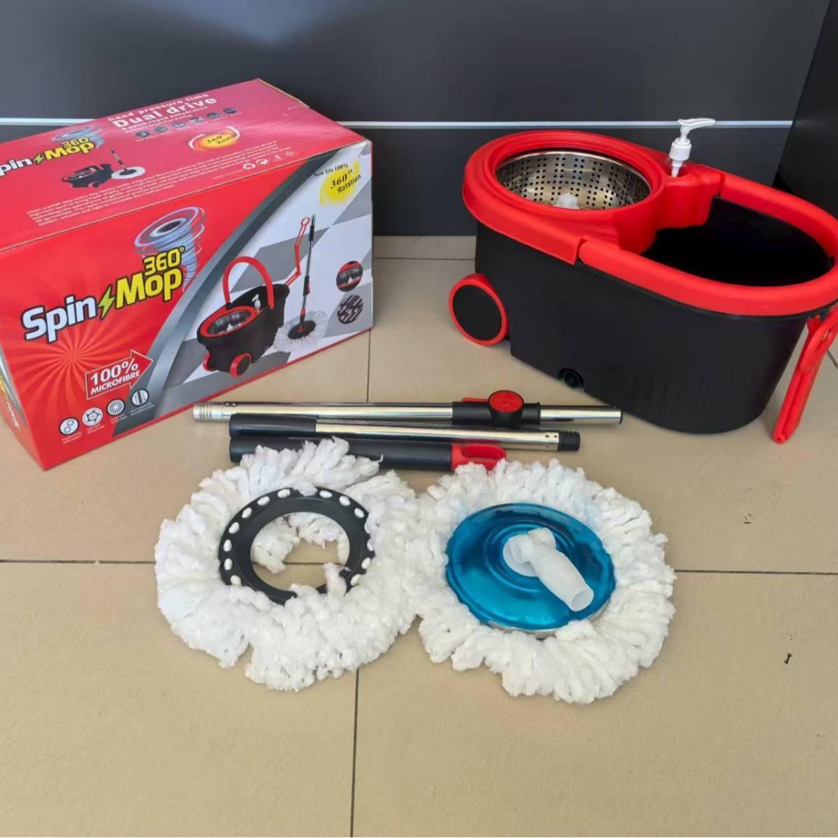 Spin Mop and Bucket with Wringer Set Stainless Steel 360 Floor Mop Bucket on Wheels 3 Microfiber Heads Telescoping Rod 38-61 Inches Adjustable Buckle Hook