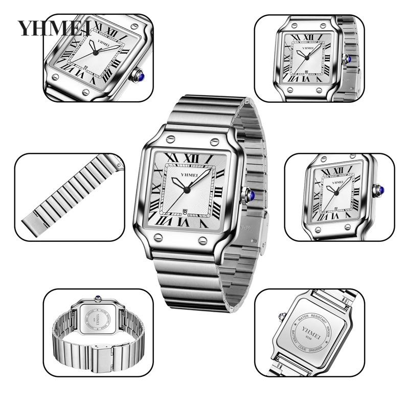 26 new Unisex Classic Square Roman Numerals Silver Analog Water-Resistant Watch suitable for Women Men Stainless Steel Strap Date Display Casual Wristwatch