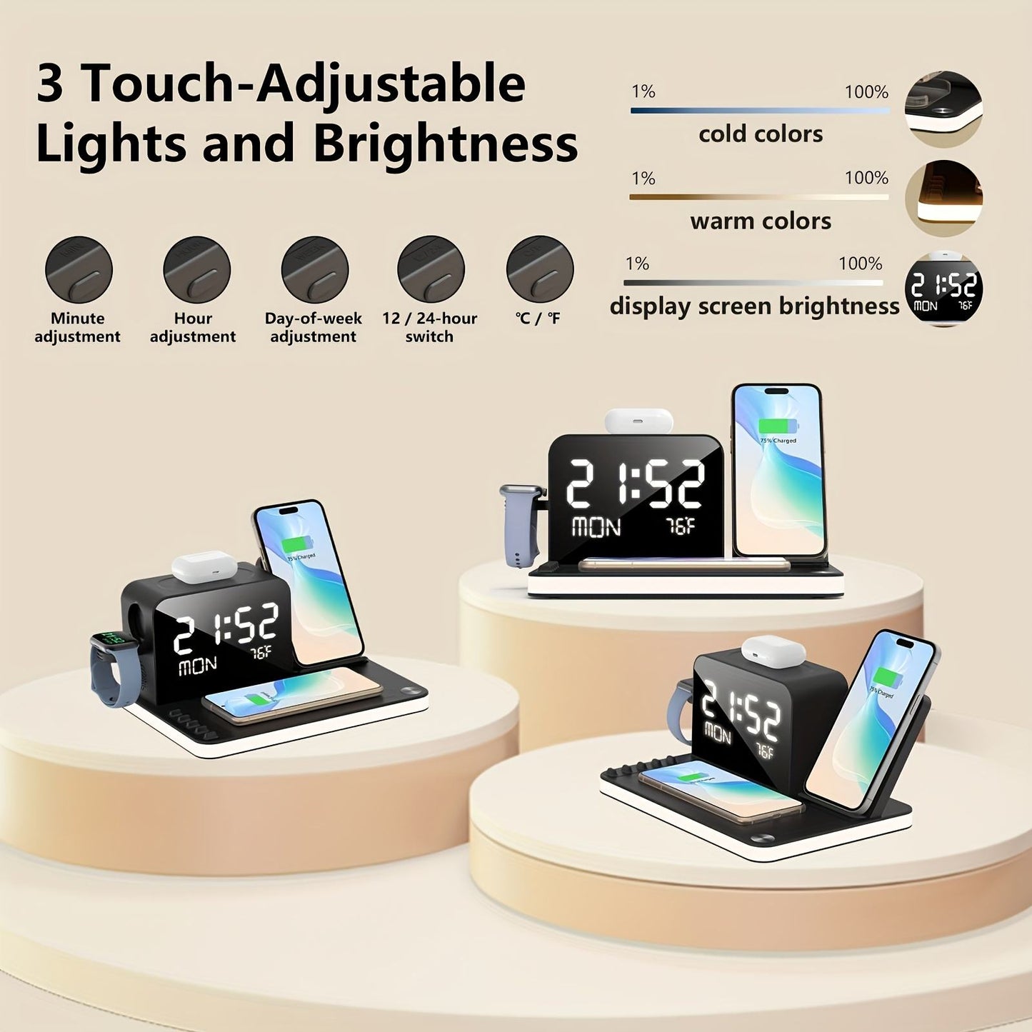 7 in 1 Wireless Charging Station with LED Night Light, Bluetooth Time Sync Clock & Temperature Display, USB-A & USB-C Ports – Compatible with iPhone, Android, Apple Watch & AirPods, Perfect Christmas & New Year Gift