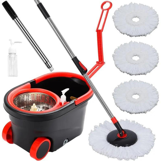 Spin Mop and Bucket with Wringer Set Stainless Steel 360 Floor Mop Bucket on Wheels 3 Microfiber Heads Telescoping Rod 38-61 Inches Adjustable Buckle Hook