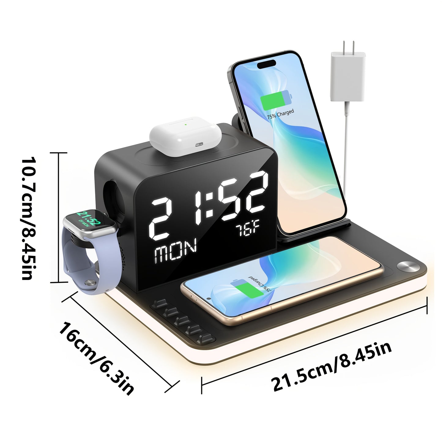 7 in 1 Wireless Charging Station with LED Night Light, Bluetooth Time Sync Clock & Temperature Display, USB-A & USB-C Ports – Compatible with iPhone, Android, Apple Watch & AirPods, Perfect Christmas & New Year Gift