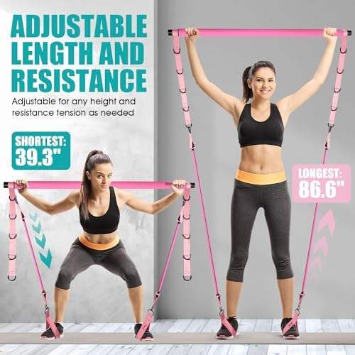 Pilates Bar Kit with Resistance Bands, Pilates Workout Equipment for Legs, Hip, Waist, Arm, Squats Exercise Equipment for Home Workouts, Adjustable 3-Section Pilates Bar Kit for Women & Men,Best Christmas Gifts for Dads/Moms/Boys/Girls