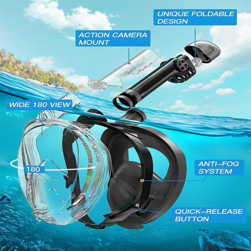 【Special offer】Snorkeling Gear for Adults, Full Face Snorkel Mask, Foldable Panoramic View with Camera Mount, Anti-Fog and Anti-Leak Design