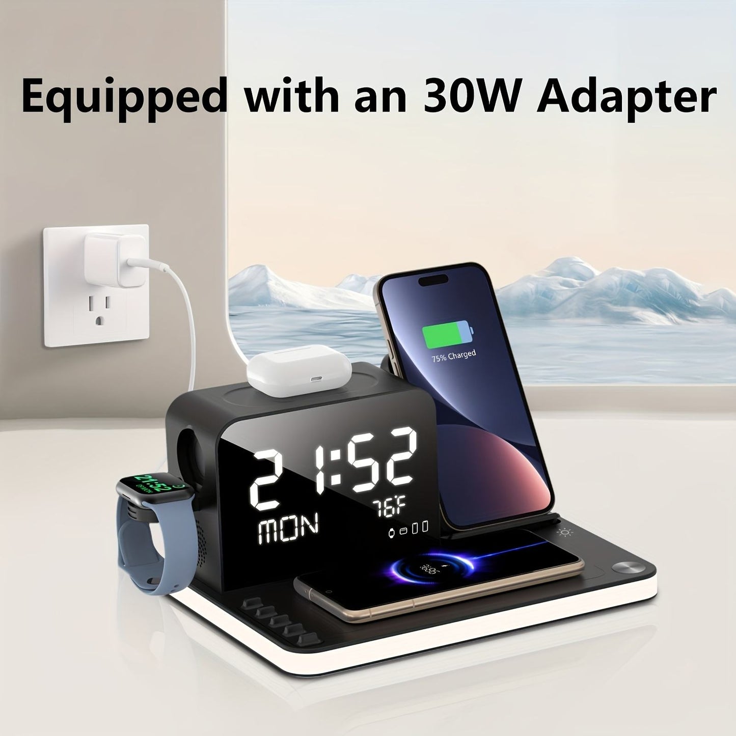 7 in 1 Wireless Charging Station with LED Night Light, Bluetooth Time Sync Clock & Temperature Display, USB-A & USB-C Ports – Compatible with iPhone, Android, Apple Watch & AirPods, Perfect Christmas & New Year Gift