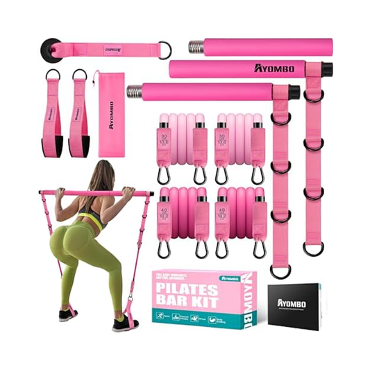 Pilates Bar Kit with Resistance Bands, Pilates Workout Equipment for Legs, Hip, Waist, Arm, Squats Exercise Equipment for Home Workouts, Adjustable 3-Section Pilates Bar Kit for Women & Men,Best Christmas Gifts for Dads/Moms/Boys/Girls