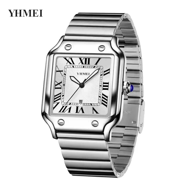 26 new Unisex Classic Square Roman Numerals Silver Analog Water-Resistant Watch suitable for Women Men Stainless Steel Strap Date Display Casual Wristwatch